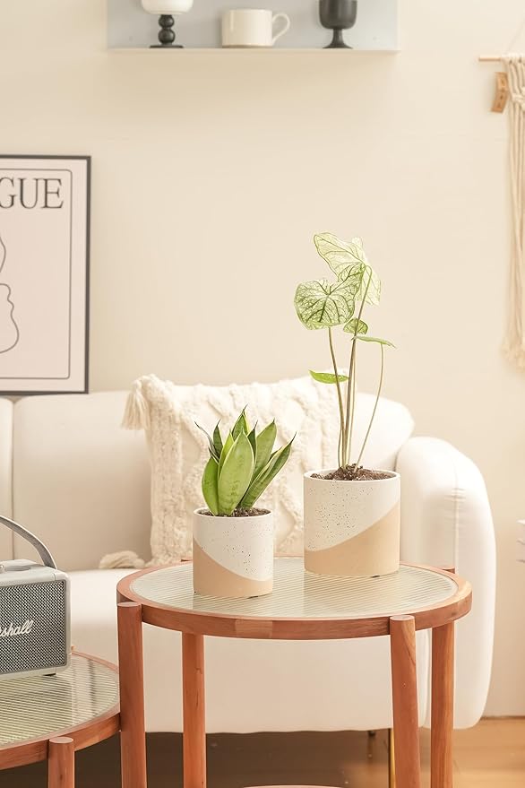 Ceramic Pots for Indoor Plants, 2 Set Flower Pots 5.4/4.3 Inch with Drainage, Double Color Glazed Speckled White & Terracotta Bottom Ceramic Planter Idea for Plant Lovers