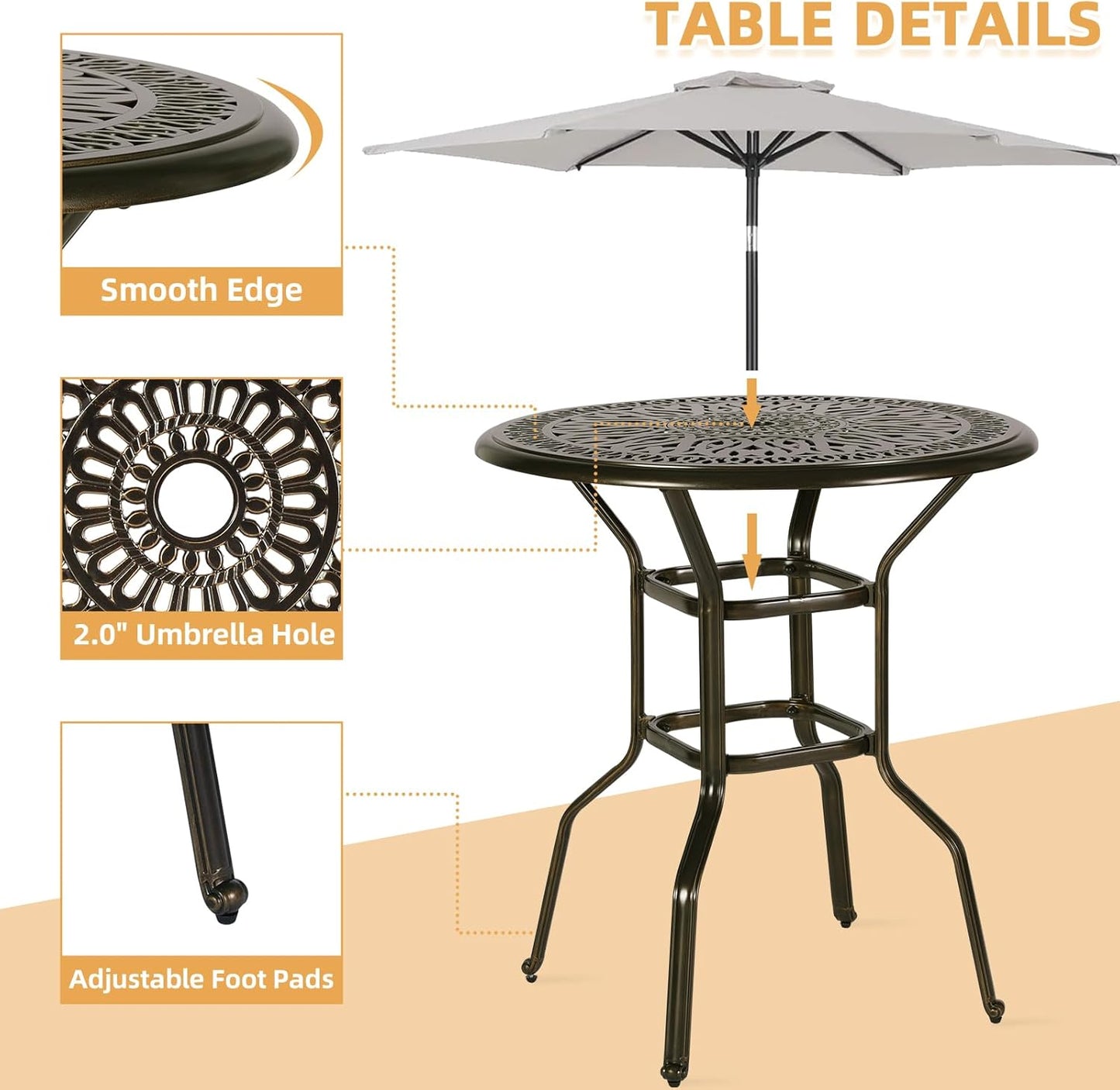 3-Piece Patio Swivel Bar Set, High Top Bar Table & Chairs, All-Weather Cast Aluminum Swivel Bar Stools (2) & 35.4" Table, Patio Bistro Set for Garden