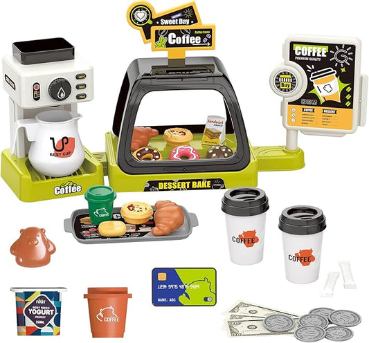 Kids Coffee Maker Play Set: Coffee, Cash Register, Play Food (Coffee, Donuts, Cookies, Egg Tarts, Croissants), Play Money - Educational Toy Kitchen Ages 3+