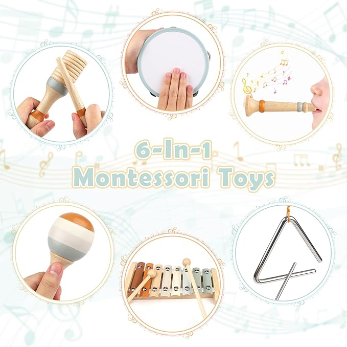 Vanplay Montessori Toys - 6 in 1 Wooden Musical Instruments for Toddlers 1-3, Infant Music Toy for Babies with Boho Xylophone for Boy & Girls Easter Birthday Gifts for 1-2