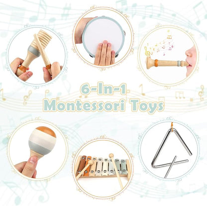 Vanplay Montessori Toys - 6 in 1 Wooden Musical Instruments for Toddlers 1-3, Infant Music Toy for Babies with Boho Xylophone for Boy & Girls Easter Birthday Gifts for 1-2