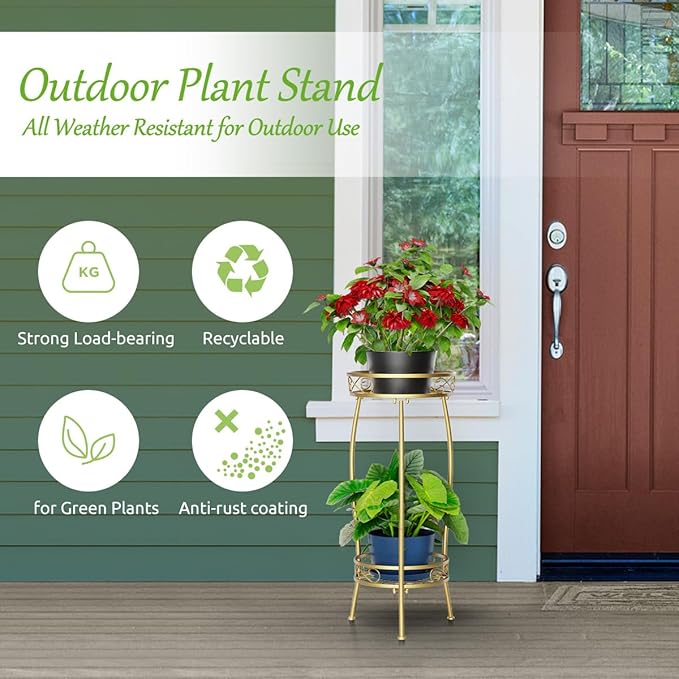 H HOMEXIN Plant Stand Indoor Outdoor, 2 Tier Tall Metal Plant stand 27 " Plant Holder Rack Heavy Duty Rustproof Decorative Plant Shelf for Corner Garden Balcony Patio Lawn office