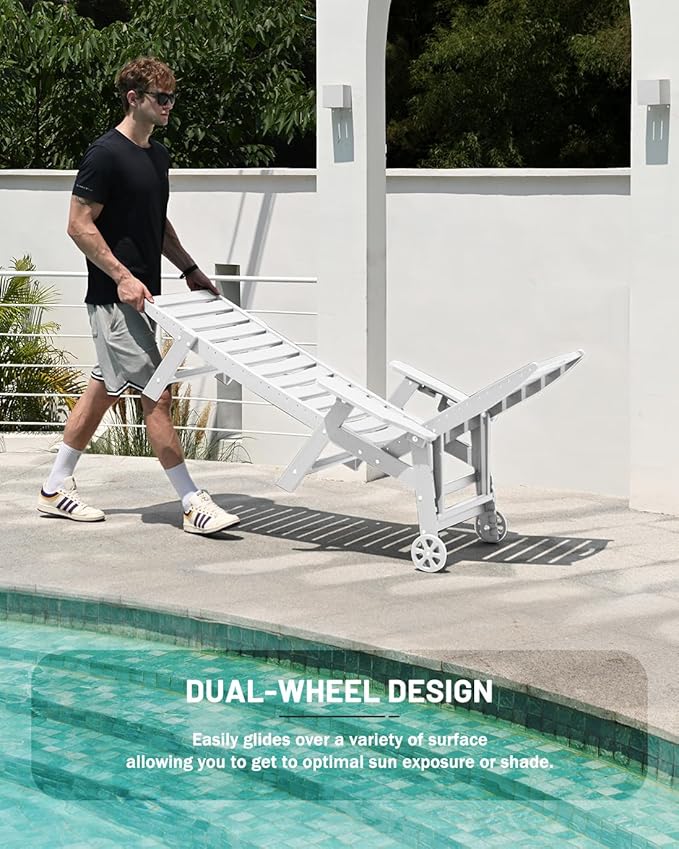Lounge Chair Outdoor Set of 4 with Wheels, Adjustable 6-Position Chaise Lounge Outdoor, Patio Lounge Chair for Poolside Backyard, White