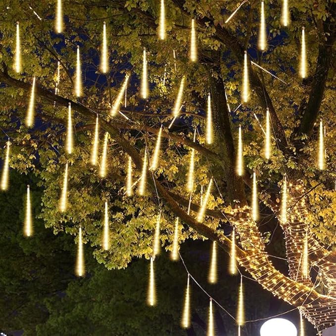 Solar Meteor Shower Lights Outdoor - 576 LED Rain Drop Lights with 16 Tubes, 16 Inches - Solar Powered Christmas Decorations for Tree Bushes Holiday Party Christmas Decor, Warm White