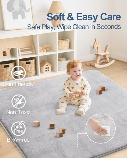 Large Thick Baby Play Mat for Floor,Padded 71x79 Playpen Mat,Foam Tummy Time Mat,Soft Support&Plush Feel Nursery Rug,Non Slip for Toddler,Infants,Kids Play,Yoga,Baby Crawling Mat (Light Grey)
