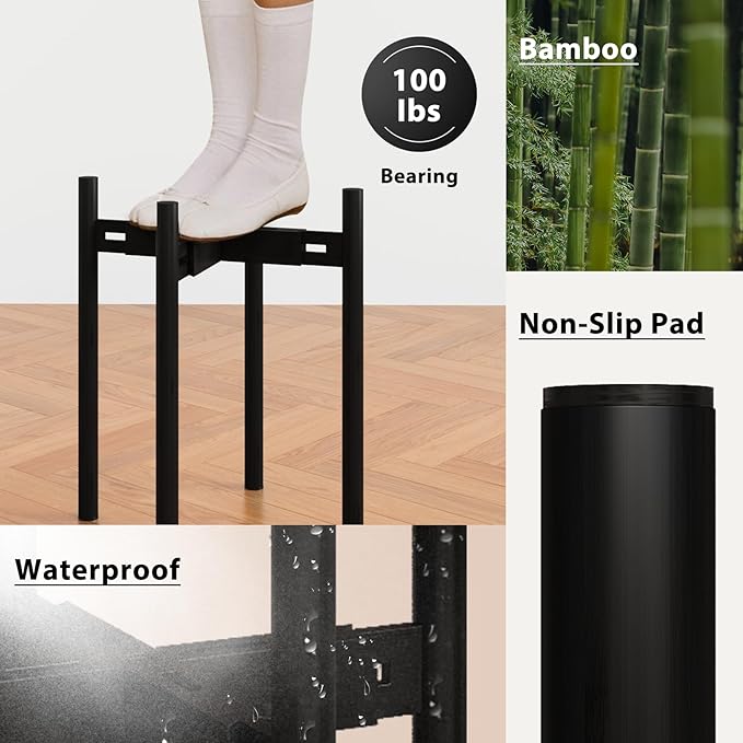 Adjustable Plant Stand Indoor, Bamboo Plant Holder 8 to 12 Inches, Small Tall Planter Stand for Indoor Plants, Single Floor Plant Stand for Living Room Balcony Bedroom, Pure Black