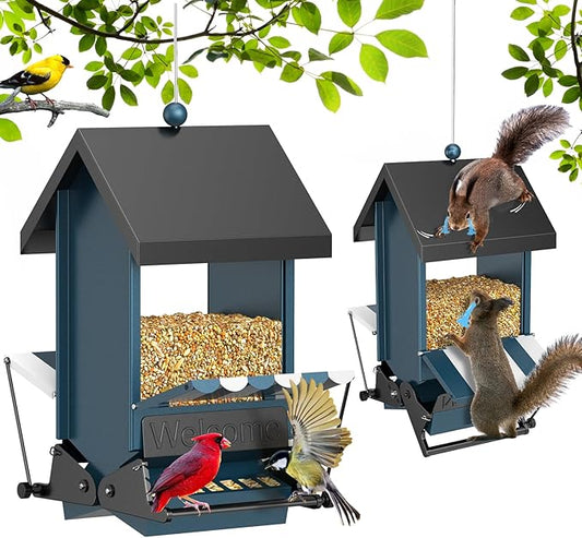 Weight Activated Squirrel Proof Bird Feeder with Canopy | 5LB Large Capacity, Weather-Resistant Design | Attracts Finches, Cardinals & More for Outdoor Bird Watching