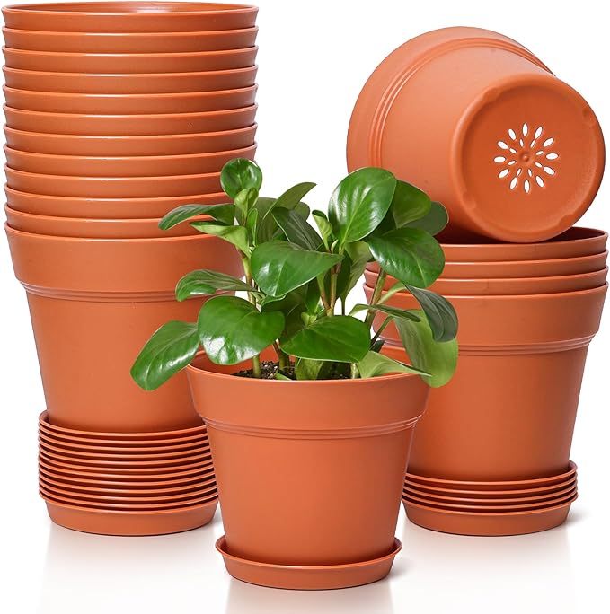 T4U 5 Inch Plastic Planters 18-Pack Small Plant Pot with Drainage Hole and Saucer, Decorative Nursery Flower Pot Bulk for African Violet, Aloe and All House Plants Indoor (Terracotta)