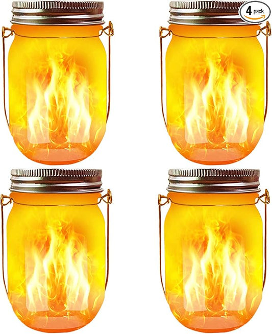 Solar Mason Jar Flicker Lights Upgraded, 4 Pack Flickering Torches Lights Outdoor Hanging Lanterns Landscape Decoration Lighting Dusk to Dawn Auto On/Off Security Halloween Torch Lights
