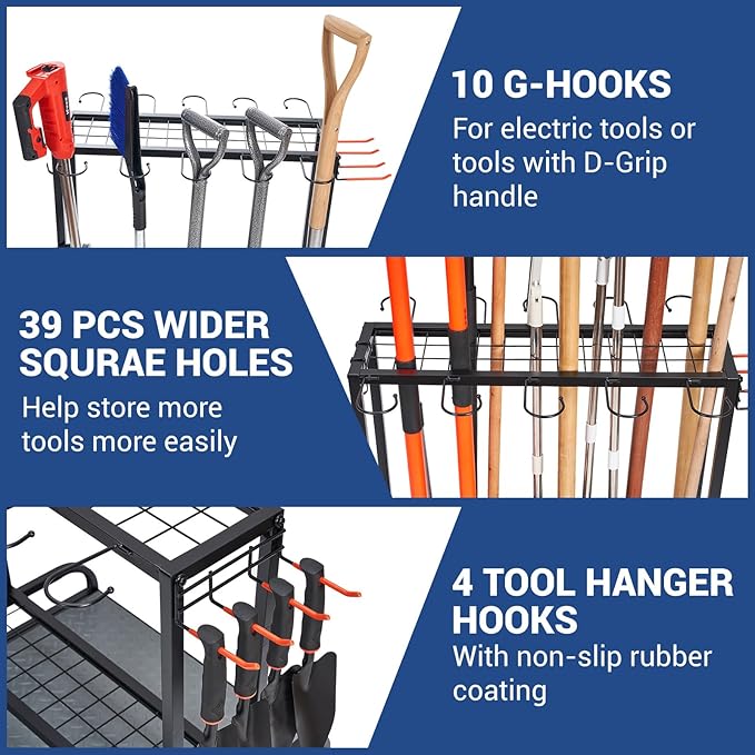 Garden Tool Organizer, Yard Tools Rack Holds 55 Long-Handled Tools/Rakes/Brooms for Garage Organization and Storage, Shed, Outdoor, Lawn, Heavy-Duty Steel, Black, Easy Assembly