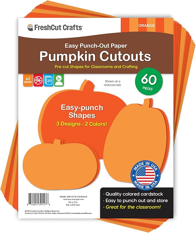 60 Pieces Pumpkin Cutouts for Fall Crafts and Classroom Decor, Orange Paper Shapes in Three Designs for Halloween Projects, Bulletin Boards, Autumn Activities, Double Sided USA Made Cardstock