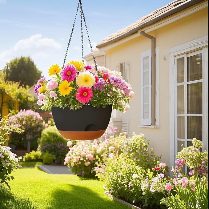 12 Inch Hanging Baskets for Plants Outdoor, Hanging Planters for Indoor Outdoor Plants, Hanging Planter with Self Watering, Hanging Flower Pots (Black)