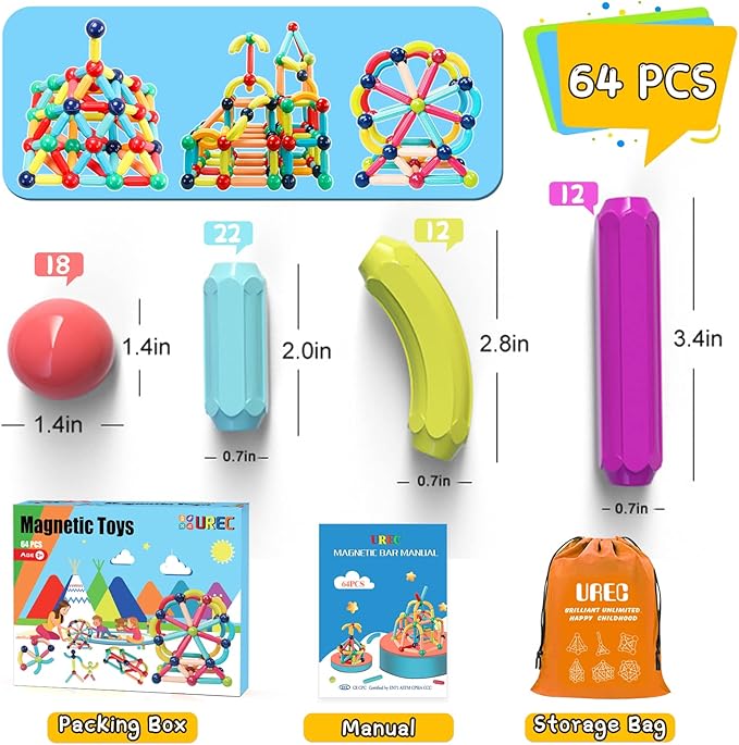 64Pcs Magnetic Building Blocks, Montessori Magnet Toys for Toddlers, STEM Learning Toys for Boys and Girls, Creativity Kids Games, ABS Material, Non-Toxic, Ages 3+, MGB-64