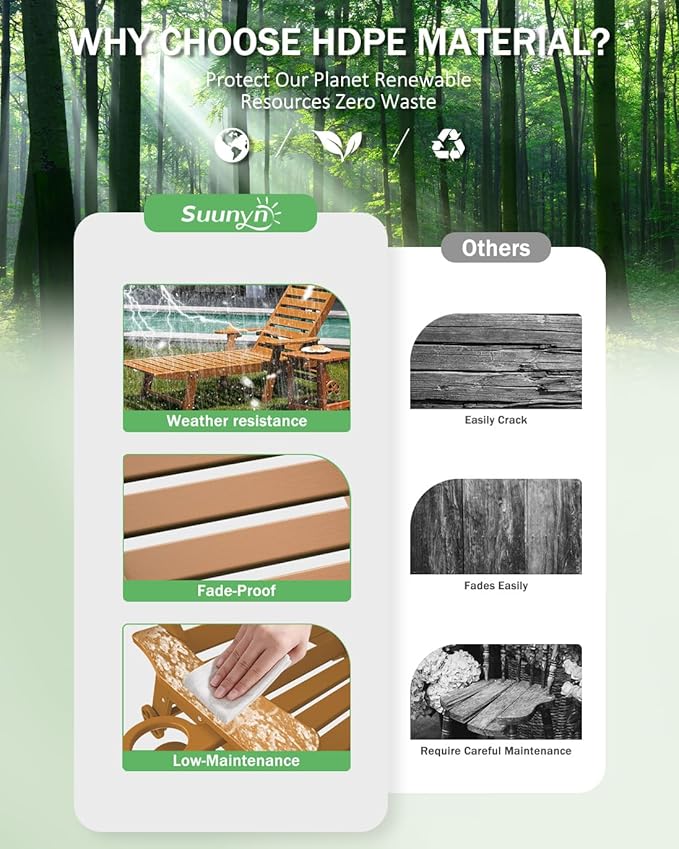 Lounge Chair Outdoor Set of 4 with Wheels, Adjustable 6-Position Chaise Lounge Outdoor, Patio Lounge Chair for Poolside Backyard, Teak