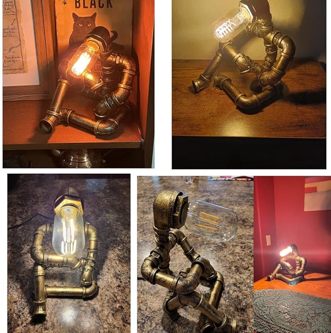 Steampunk Table Robot Lamps with 2 Bulbs,Retro Industrial Robot Desk Lamps Water Pipe Light for Office,Bedroom,Living Room in Bronze