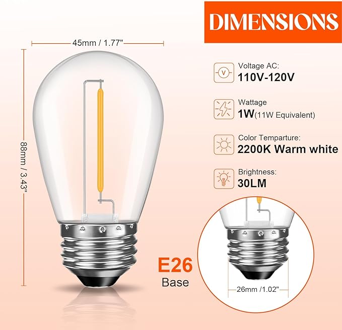Shatterproof S14 LED Replacement Bulbs for Outdoor String Lights, 15 Pack 1W Equivalent to 11W Incandescent Bulb, Soft White 2200K, Dimmable, E26 Regular Base