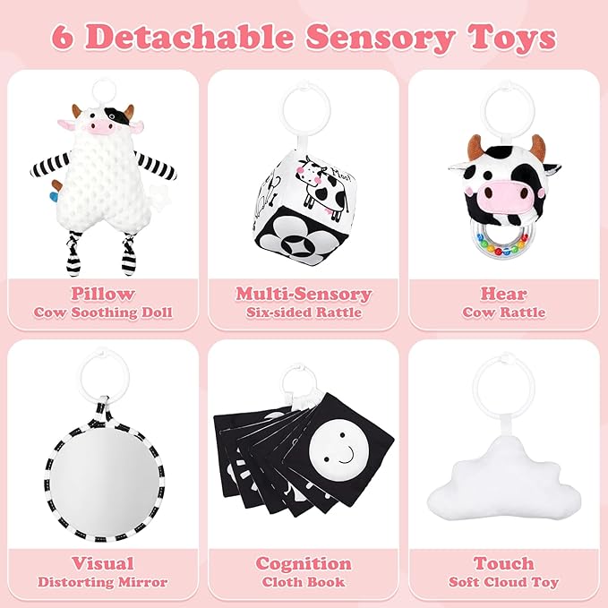 Pink Cow Baby Play Gym,Tummy Time Mat with 6 Sensory Toys, Extra Thick Soft Baby Play Mat for Floor, Newborn Essentials Christmas Gift 0-3-6-9-12 Months