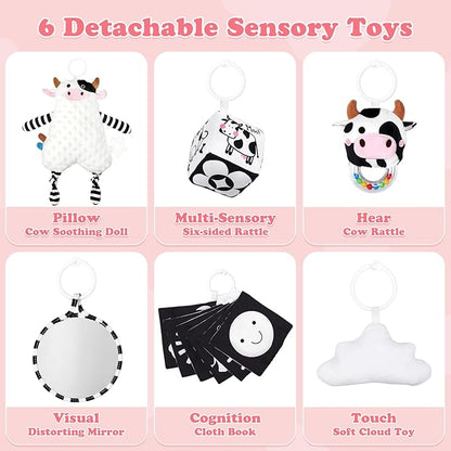 Pink Cow Baby Play Gym,Tummy Time Mat with 6 Sensory Toys, Extra Thick Soft Baby Play Mat for Floor, Newborn Essentials Christmas Gift 0-3-6-9-12 Months