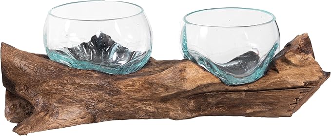Cape Craftsmen Set of 2 Terrariums | Hand-Blown Blue Tinted Bubble Glass On Natural Teak Driftwood Terrarium | Home Décor Indoor Planter with Stand | Pot for Succulent and Plants