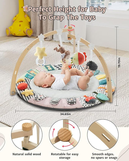 Baby Play Mat Activity Gym,6 Developmental Zones Tummy Time Mat, Foldable Wooden Baby Play Gym with 7 Detachable Sensory Toys for Newborn Brain Development, Essential Baby Shower Set