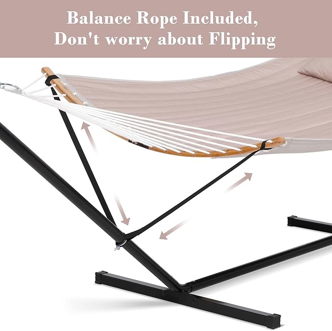 SUNCREAT 55 Inch Large Double Hammock with Stand, 450lbs Capacity, Outdoor Portable Hammock with Curved Spreader Bar, Extra Large Pillow, Tan