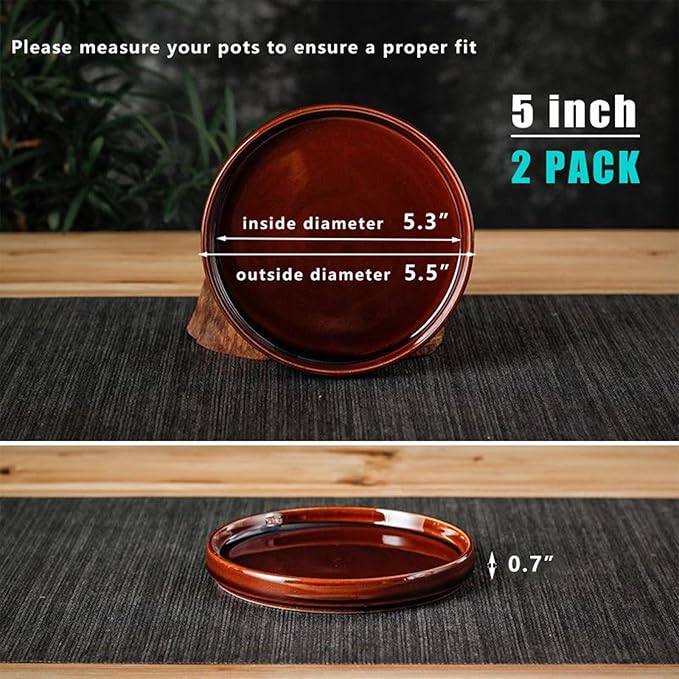 Ceramic Plant Saucer 5 Inch, 2 Pack Round Plant Saucers for Indoors/Outdoors, Flower Pot Saucers for Holding Water Drips, Ceramic Plant Water Trays for pots Planter, Bird Bath Bowls (Brown)