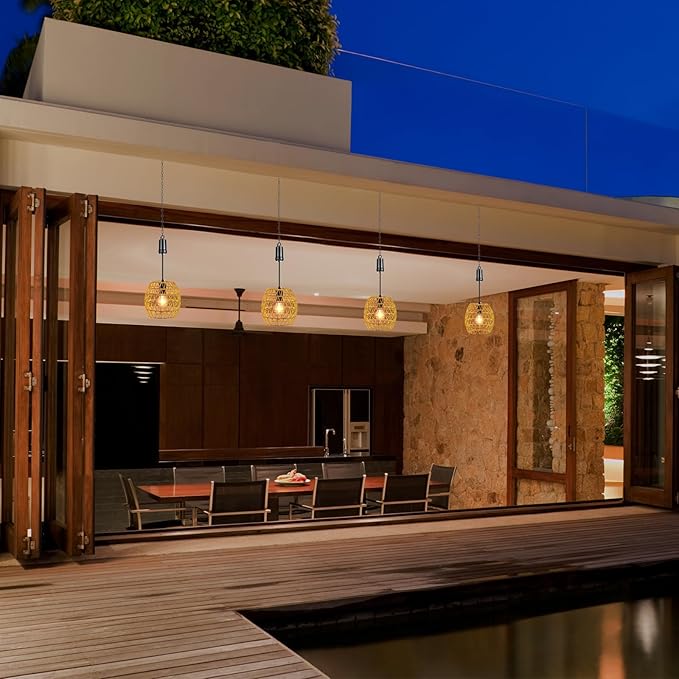 Battery Operated Outdoor Hanging Light with 6 Hours Timer, Outdoor Indoor Pendant Chandelier Rattan Lantern Waterproof Lamp Edison Bulb Lights for Gazebo Porch Garden Patio Home Decoration