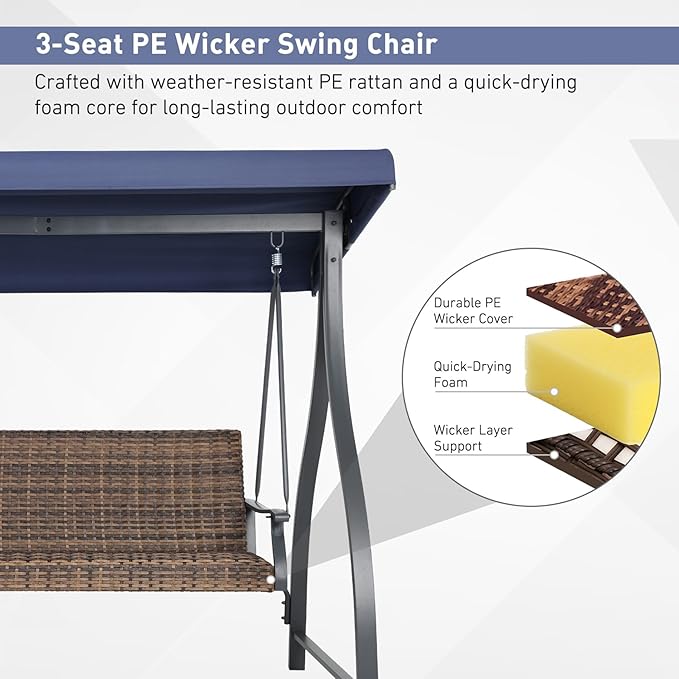 BPS 3 Seat Outdoor Porch Swing with Adjustable Canopy, PE Wicker Patio Swing Chair with Quick-Drying Foam Seat, 882 LBS Capacity, Proch Swings for Deck, Backyard, and Lawn, Dark Blue