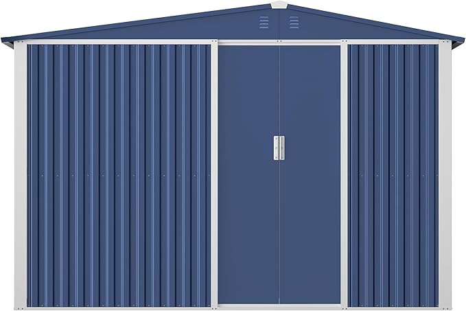 Metal Outdoor Storage Shed 10FT x 6FT with Firewood Storage, Steel Utility Tool Shed Storage House with Sliding Door, Metal Sheds Outdoor Storage for Backyard Garden Patio Lawn, Blue