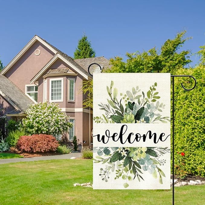 Spring Floral Welcome Garden Flag 12x18 Inch Double Sided Outside, Eucalyptus Seasonal Farmhouse Yard Outdoor Flag