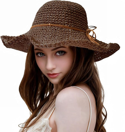 Womens Straw Beach Sun Hats, Foldable Packable Floppy Handmade Crochet Hats for Women,Large Summer Vacation Wide Brim Hat