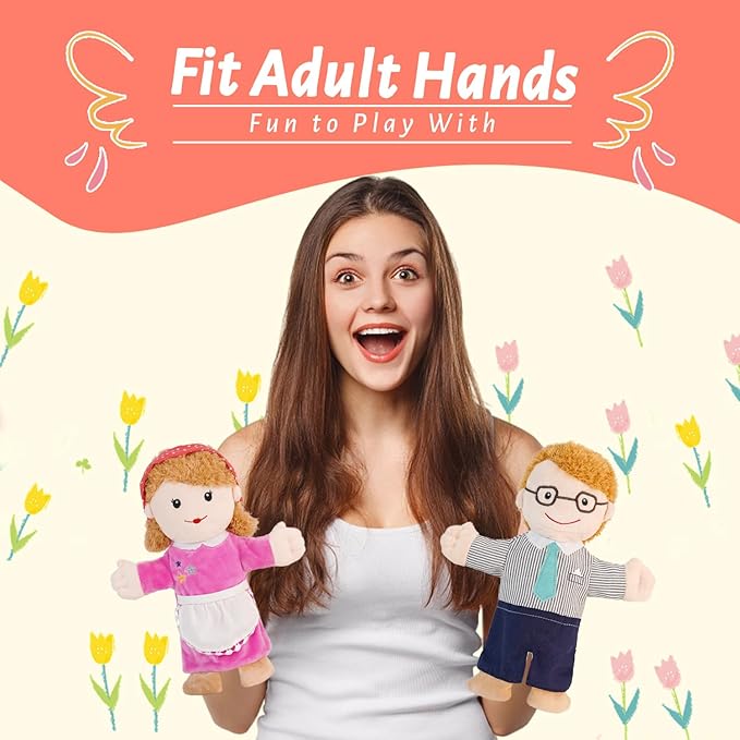 6 Pcs Family Hand Puppets for Kids 11.8 Inch Family Members Puppet Set Mom, Dad, Grandparents, Happy Kids Soft Stuffed Hand Puppet Theater Plush Toys for Toddlers Ages 1-3, 4-8 Role Play