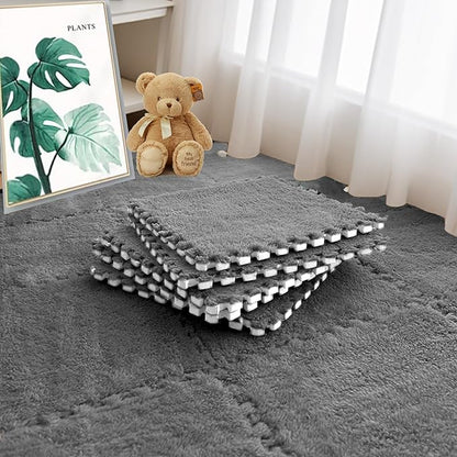 16pcs 0.6" Thickened Interlocking Tile Mats,Fluffy Shaggy Soft EVA Foam Area Rug for Living Room & Bedroom,Non-Slip Protective Floor Carpet Play Mat Kids Baby Dorm Home Decor (11.8ft, Grey)