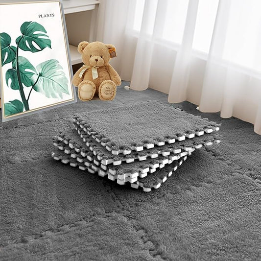 16pcs 0.6" Thickened Interlocking Tile Mats,Fluffy Shaggy Soft EVA Foam Area Rug for Living Room & Bedroom,Non-Slip Protective Floor Carpet Play Mat Kids Baby Dorm Home Decor (11.8ft, Grey)