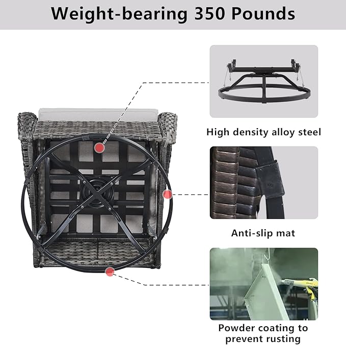 Wicker Outdoor Furniture Patio Furniture Set - 6 Piece Patio Conversation Set with Swivel Rocker Chairs, Loveseat Sofa, Ottomans and Coffee Table, Gray Cushion