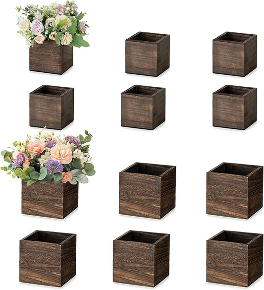 NUPTIO Wooden Box for Centerpiece Wedding: 12 Pcs Rustic Square Planter Box for Christmas Centerpiece Table Fall Decorations - 4×4" & 5×5" Small Wood Vases Flower Pots for Windowsill Home Garden Decor