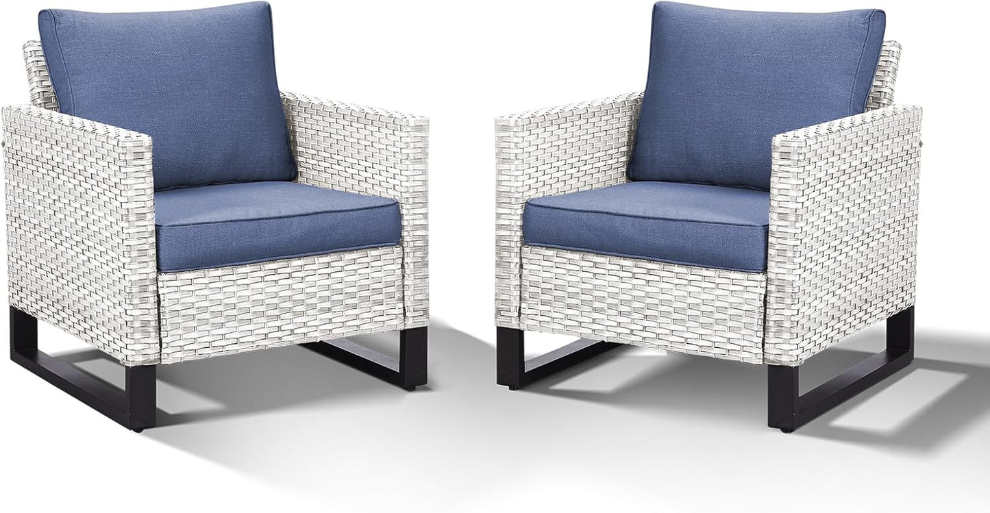HUMMUH Outdoor Chairs PE Wicker Patio Dining Chairs Set of 2 Metal Frame Porch Chairs with 4 inch Seat Blue Cushions
