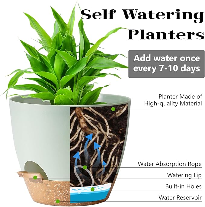 Indoor Pots For Plants 3 Pack 12/10/9 Inch Self Watering Pots For Lazy People,Self Watering Pots For Indoor Plants,Outdoor Pots For Succulent, African violets And Cactus Green Plastic Flower Pots
