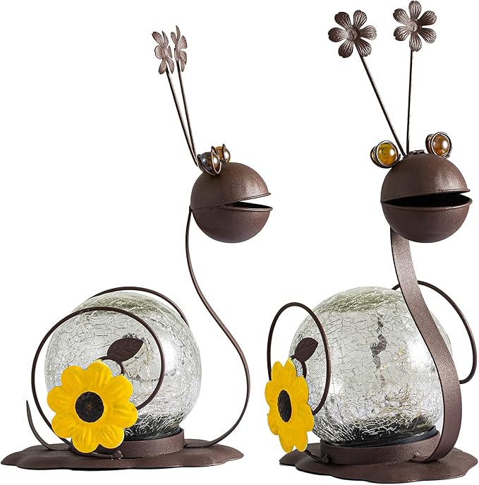 Solar Snail Garden Lights - 2 Pack Cracked Glass, Warm White Metal, Waterproof for Patio Yard Lawn