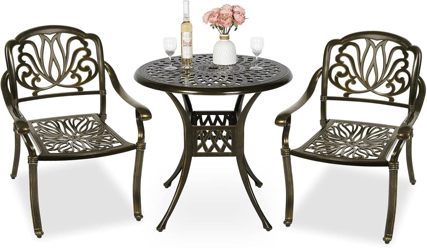 MEETWARM 3 Piece Patio Bistro Set, Outdoor All-Weather Cast Aluminum Dining Furniture Set Includes 2 Chairs and a 31” Round Table with Umbrella Hole for Garden Deck