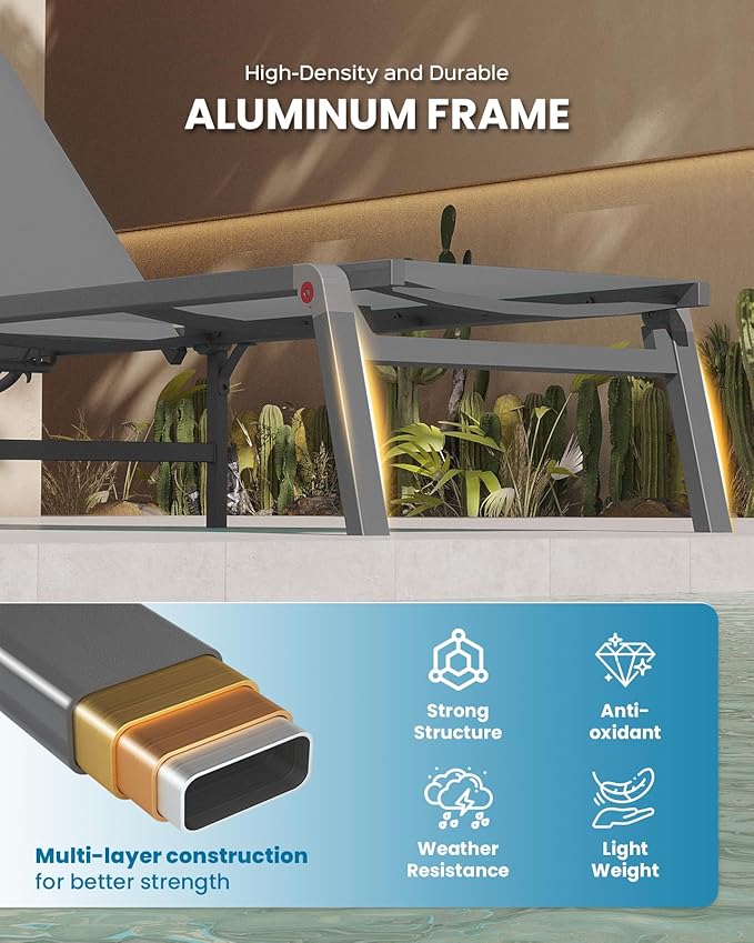 Pool Lounge Chairs Set of 2, Foldable Aluminum Chaise Lounge Outdoor with 5 Positions Recliner - Free Assembly - Patio Chaise Lounge Chair for Poolside, Beach, Yard (Darkgray, 2 Pack)