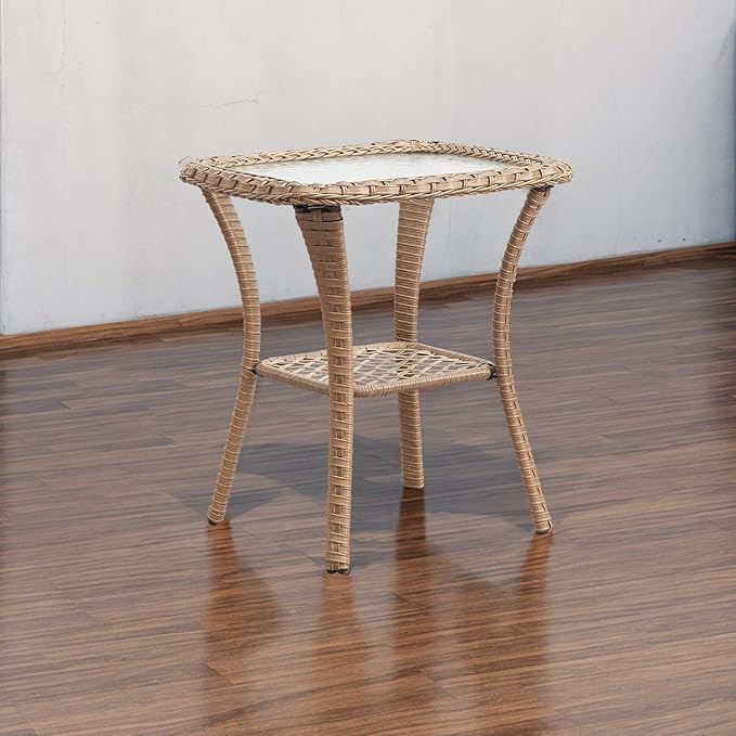Patio Tables Wicker Side Table - Rattan Coffee Tables with Glass Top End Table for Outdoor Outside Patio Porch Square Yellow
