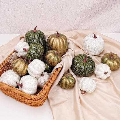 9 Pcs Pumpkins for Decorating,Fall Decorations,Artificial Foam Pumpkin for Autumn Harvest Thanksgiving Halloween Table Decor (Green&White&Gold)
