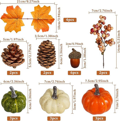 Artmag Pumpkin Decor Set, 25 PCS Fall Artificial Maple Leaves, Harvest Pumpkins, Acorns, Pine Cones and Orange Berry Stems Decorations for Fall Thanksgiving Table Decor
