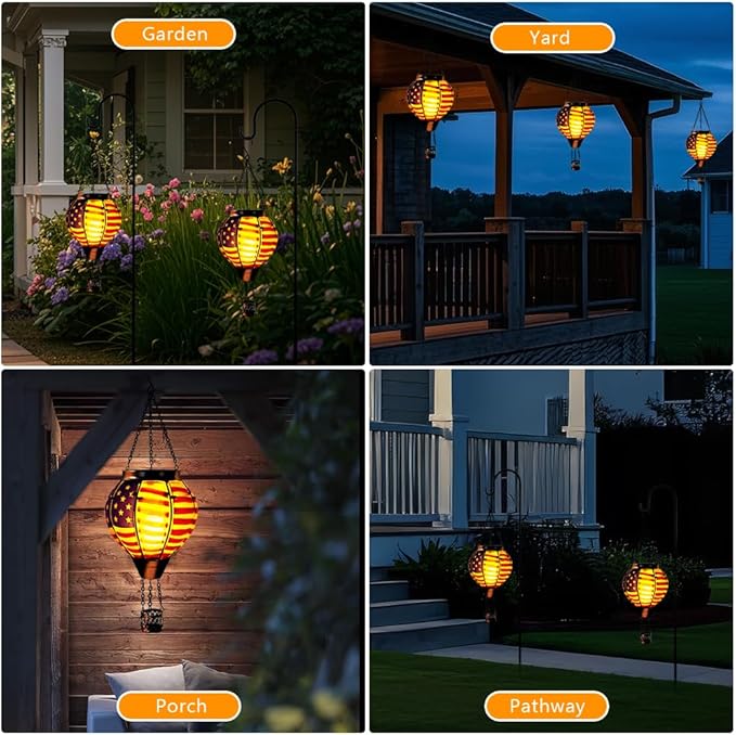 2PCS Flag Solar Hot Air Balloon Lantern with Flame Flickering Light,Glass Hot Air Balloon Solar Lanterns Outdoor Waterproof,Hanging Outdoor Light for Patio Yard Garden Birthday Gifts for Women