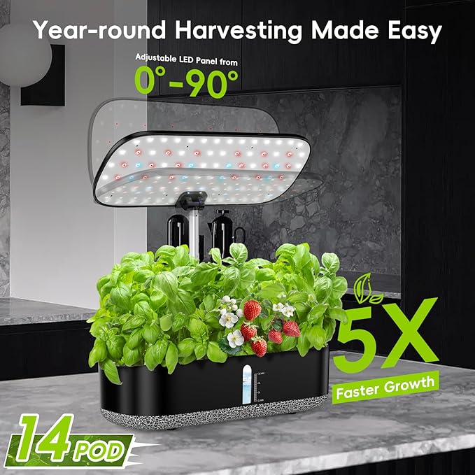 Large Hydroponics Growing System 14 Pods, Indoor Herb Garden with LED Grow Light, 5L Water Tank, Hydroponic Grow Kit with 3 Auto-Timers, Rotatable Light Panel, Gifts for Women Men