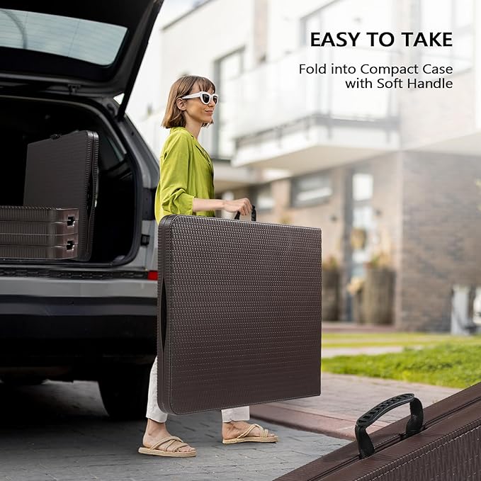 VINGLI 6 Foot Plastic Folding Table Portable Long Table for Indoor Outdoor Use Rectangular with Carrying Handle,Rattan Patterned HDPE Tabletop, Brown