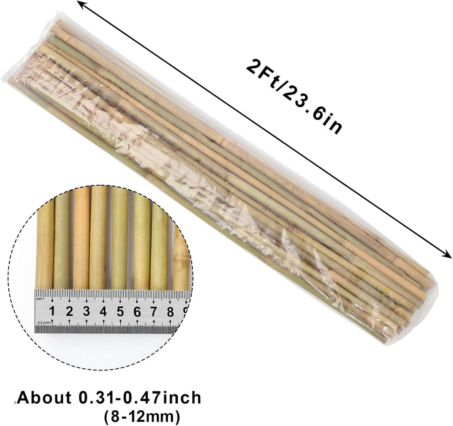 Natural Bamboo Poles, 2 Feet Bamboo Sticks for Plants, Wood Garden Stakes for Tomato, Bean, Flowers, Trees Potted and Climbing Plants, 25 Pack