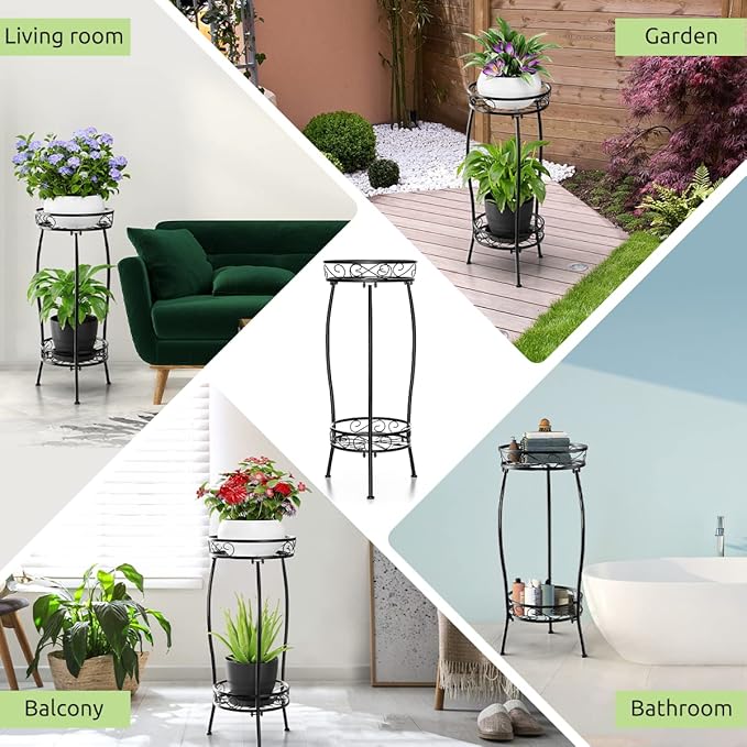 H HOMEXIN Plant Stand Indoor Outdoor, 2 Tier Tall Metal Plant stand 27 " Plant Holder Rack Heavy Duty Rustproof Decorative Plant Shelf for Corner Garden Balcony Patio Lawn office