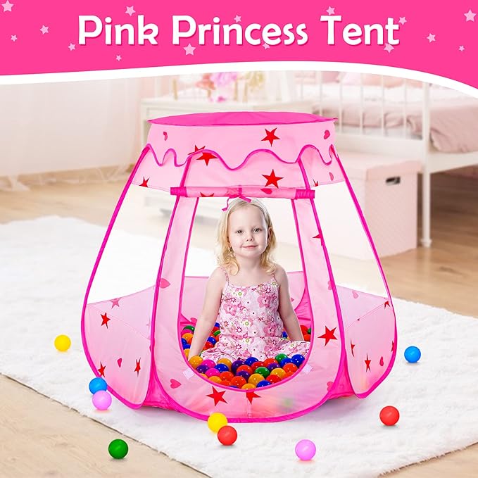 Baby Ball Pit for Toddler with 150 Balls, Kids Pop Up Play Tent for Girls, Princess Toys for Children Indoor & Outdoor Playhouse with Carry Bag (Pink: 7 Bright Colors, 109x90cm/150 Balls)